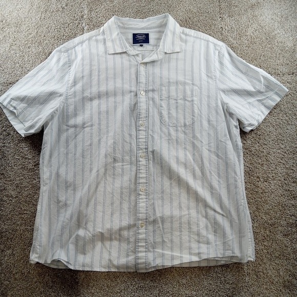 Charles Tyrwhitt Shirt Mens XXL White Blue Stripe Short Sleeve Linen Blend Slim‎ - Picture 1 of 8